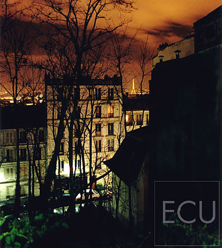 Color photo of the Parisian skyline taken from Monmartre in the 18th arrondisement near Sacr&eacute; Coeur looking toward the Eiffel Tower in Paris, France