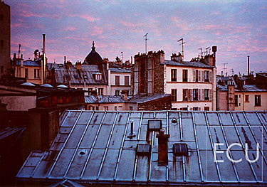 Color photograph of Parisian rooftops shot from Hôtel des Academies on rue de la Grande Chaumière in Montparnasse and 6th arrondisement in Paris, France