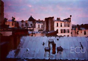 Color photograph and impressionistic view Parisian rooftops from H&ocirc;tel des Academies on rue de la Grande Chaumi&egrave;re in Montparnasse and 6th arrondisement Paris, France