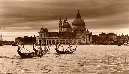 Sepia photo of the Santa Maria della Salute in the Dorsoduro sestiere of Venice shot from the vaporetto stop of San Marco calle Vallaresso