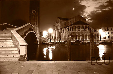 Sepia photo of the Basilica dei Santa Maria e San Donato on the island of Murano, Venice taken from the Fondamenta Andrea Navagero